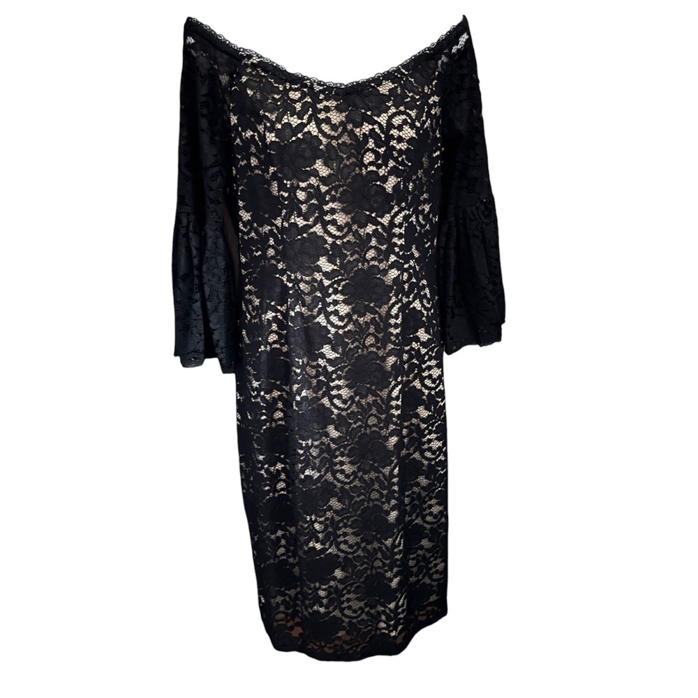 Adrianna Papell Off-the-Shoulder Black Lace Dress with Nude Lining, Sz 4